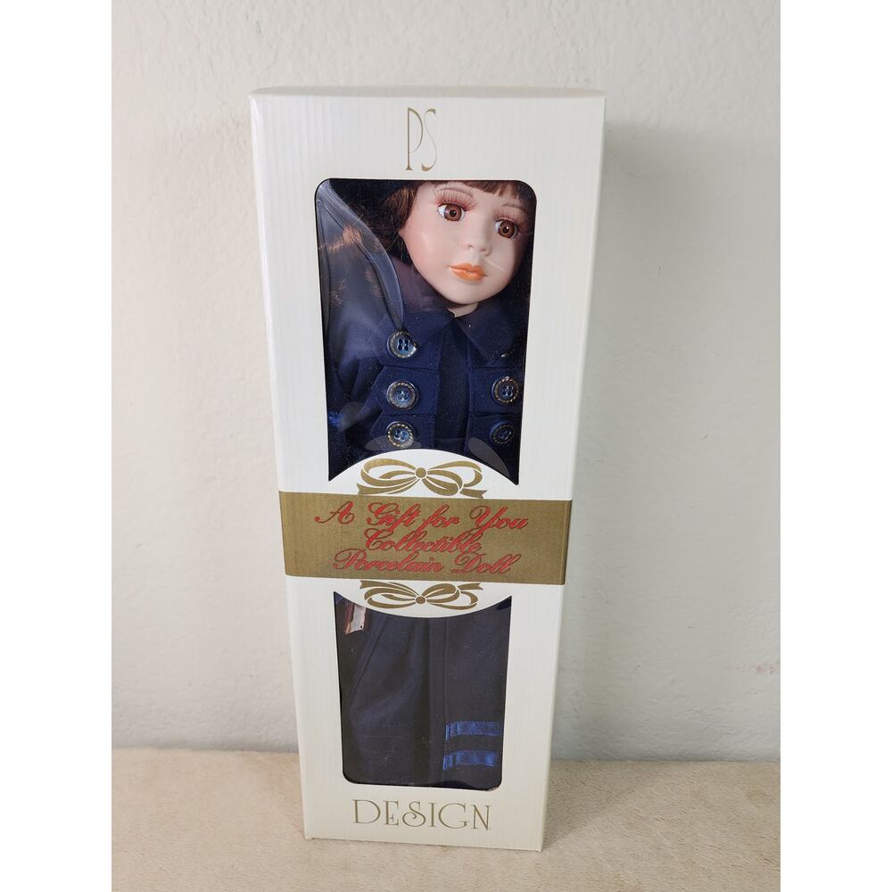 Victorian Porcelain Doll 15 1/2" Tall PS Design Collectible Navy Dress New Box
